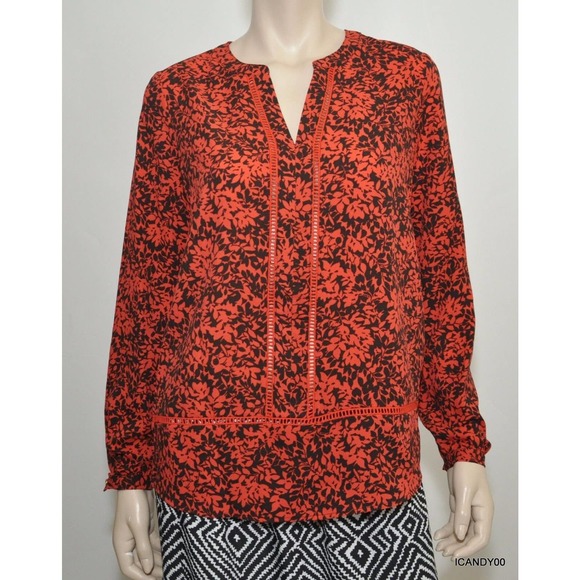 Michael Kors Split Neck Blouse Shirt Top Tunic Coral Reef Red/Black S Nwt $99 - Picture 1 of 10